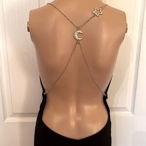 1001Nights black backless evening/prom dress with chain straps and train sz9/10